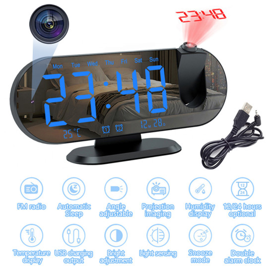 1080P Dijital Projeksiyon Saati Wifi Gizli Spy Kamera - Spy Masa Saati, Gece Görüş, Hareket Algılama, Güvenlik Kamerası